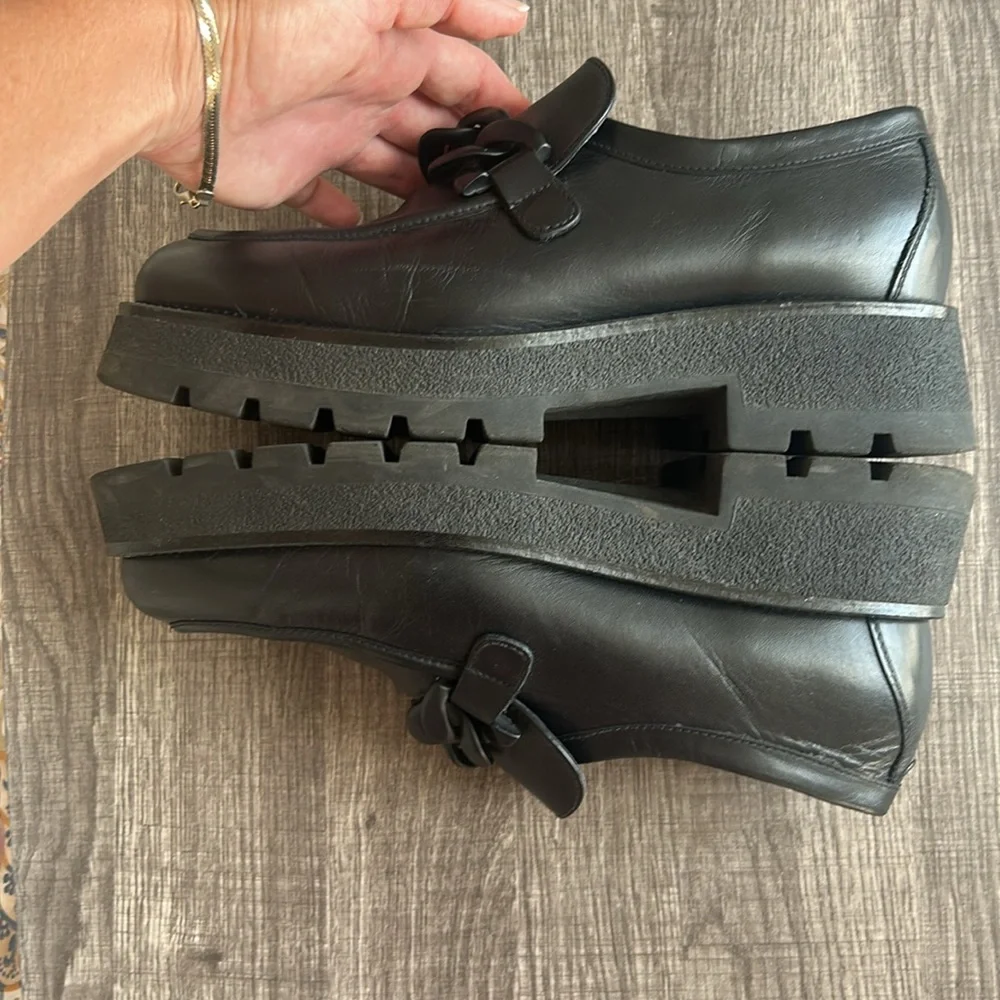 Nero Giardini Black Leather Chunky Loafers Chain‎ Rhinestones Platform Glam